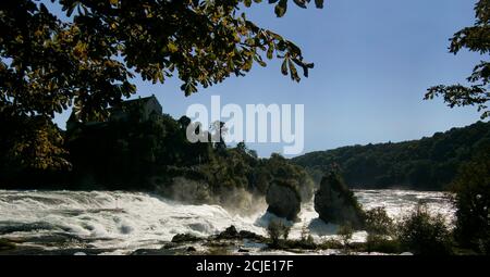 Die Rheinfälle stürzen mit ihren donnernden Wassermassen und das Schloss Laufen im Hintergrund. Stockfoto