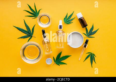 CBD-Öl, Hanftinktur, Cannabis-Kosmetik-Produkt für die Hautpflege mit Cannabinoid. Alternative Medizin, pharmazeutisches medizinisches Cannabis. Sorten von Stockfoto