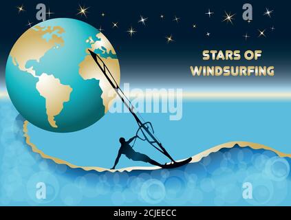 Vektor-Illustration über Windsurfen. Space Fantasy. Windsurfer reiten eine Welle auf einem Hintergrund des Sternenhimmels und der Erde Stock Vektor