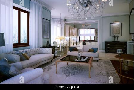 Küche-Wohnzimmer im modernen klassischen Stil mit weißen Möbeln und hellblauen Wänden. 3d-Innenraum Stockfoto