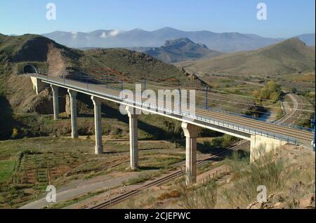 Eisenbahnviadukt auf der Hochgeschwindigkeitsstrecke Madrid-Zaragoza Stockfoto