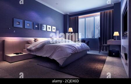 Interieur eines modernen Schlafzimmers in der Abendbeleuchtung. 3d-Bilder Stockfoto