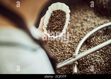 Männliche Arbeiter hält Schüssel mit frisch gerösteten Kaffeebohnen Stockfoto