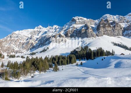 Alpstein-Massiv mit Saentis-Berg, Winterlandschaft, Schwaegalp, Kanton Appenzell Ausserhoden, Schweiz Stockfoto