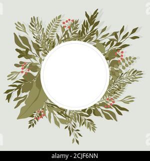 Grüne Blätter runde Rahmenvorlage mit Textraum in der Mitte. Grüne Sommer Laub, Zweige und rote Beeren Vektor flache Illustration. Einladung, Hochzeit, Grußkartenvorlage. Stock Vektor