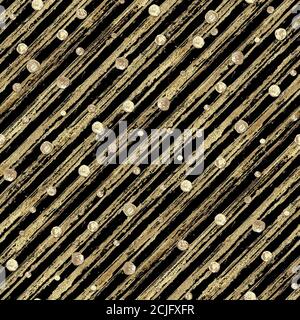 Abstraktes Nahtloses Muster mit 3d golden glitzernden Acrylfarbe Tupfen und Streifen auf schwarzem Hintergrund. Handgezeichnete Glitzerstreifen-Textur. Drucken Stockfoto