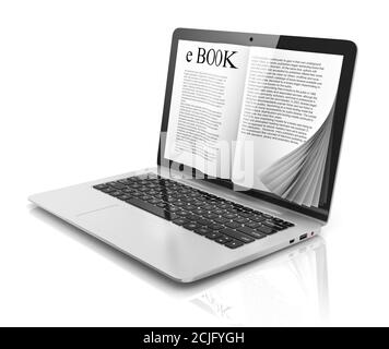 E-Book 3d Konzept - Buch statt Anzeige auf dem Notebook, Laptop Stockfoto
