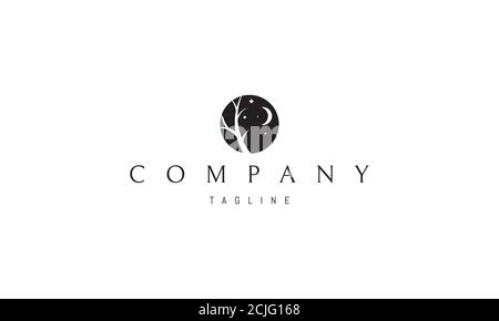 Vektor-Logo-Design, auf dem ein abstraktes Bild von einem düsteren Baum unter dem Mond. Stock Vektor