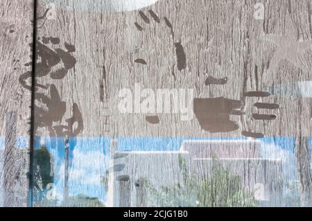 Bild des Abdrucks einiger Hände auf die weiße Farbe eines Glases. Abstraktes Bild Stockfoto