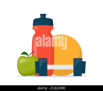 Fitness, Sport, Ernährung und gesunde Lebensweise Zusammensetzung. Trainingsausrüstung. Sport und Fitnessstudio Konzept Illustration. Vektorgrafik im flachen Stil Stock Vektor