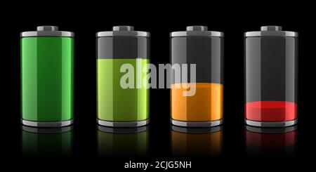 3d-Akkusymbole mit unterschiedlichen Ladezuständen auf schwarzem Hintergrund Stockfoto