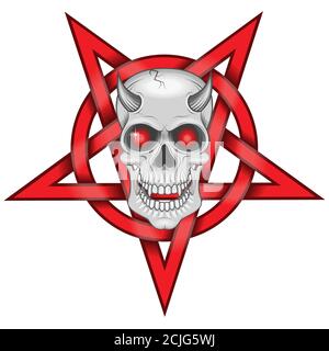 Detaillierte Illustration des dämonischen Schädels und verflochten fünf spitzen Stern mit Kreis, auf weißem Hintergrund. Stock Vektor