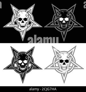 Illustration von dämonischen Schädel und verflochten fünf spitzen Stern mit Kreis, in schwarz und weiß. Stock Vektor