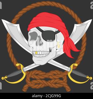 Vektor-Illustration eines Piratenschädels mit zwei Schwertern, umgeben von einem geflochtenen Seil. Stock Vektor