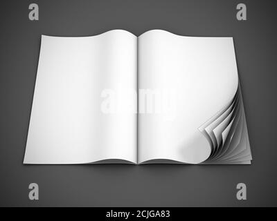 Magazin öffnen leere Seitenvorlage für Design-Layout mit Curl Seiten auf weißem Hintergrund isoliert Stockfoto