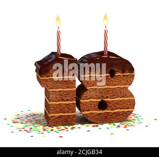 Schokoladen-Geburtstagstorte mit brennender Kerze und Konfetti 3d-Schrift Nummer 18 Stockfoto