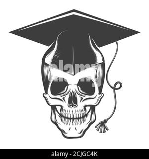 Menschlicher Schädel in Bachelor Abschlusskappe Tatto in Gravur Stil gezeichnet. Vektorgrafik Stock Vektor