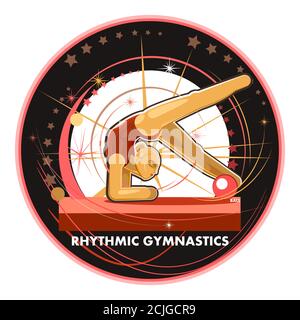 Rhythmische Gymnastik. Mädchen mit einem Ball. Vektorgrafik isoliert auf weißem Hintergrund. Durchführung bei einem internationalen Wettbewerb. Emblem oder Logo. Stock Vektor
