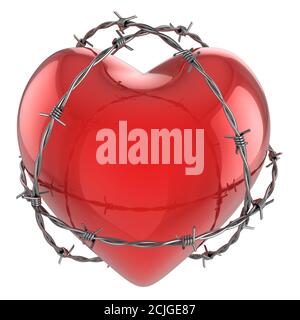 Rot glänzend Herz umgeben von Stacheldraht 3d-Illustration Stockfoto