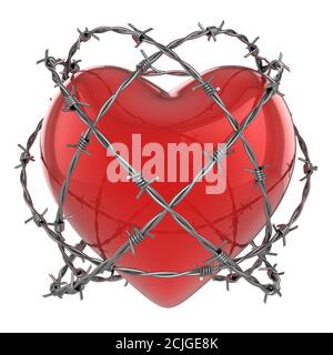 Rot glänzend Herz umgeben von Stacheldraht 3d-Illustration Stockfoto