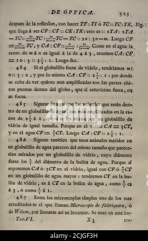 'Elementos de Matematica' (Elemente der Mathematik), vom spanischen Architekten und Mathematiker der Aufklärung Benito Bails (1730-1797). Berechnungen der Optik. Band VI, in dem es um Elemente der Optik geht. Veröffentlicht in Madrid, 1781. Stockfoto