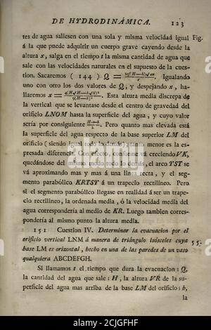 'Elementos de Matematica' (Elemente der Mathematik), vom spanischen Architekten und Mathematiker der Aufklärung Benito Bails (1730-1797). Berechnungen der Strömungsdynamik. Volumen V, das über Elemente der Hydrodynamik ist. Veröffentlicht in Madrid, 1780. Stockfoto