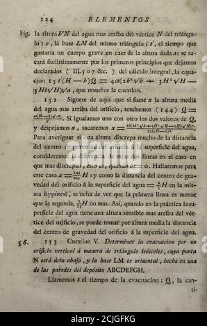 'Elementos de Matematica' (Elemente der Mathematik), vom spanischen Architekten und Mathematiker der Aufklärung Benito Bails (1730-1797). Berechnungen der Strömungsdynamik. Volumen V, das über Elemente der Hydrodynamik ist. Veröffentlicht in Madrid, 1780. Stockfoto
