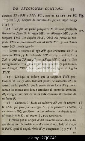 'Elementos de Matematica' (Elemente der Mathematik), von Benito Bails (1730-1797), spanischer Architekt und Mathematiker der Aufklärung. Seite mit Kegelschnittberechnungen. Band III, das ist über Elemente der konischen Abschnitte, Elemente der Infinitesimalrechnung und sphärische Trigonometrie. Veröffentlicht in Madrid, 1779. Stockfoto