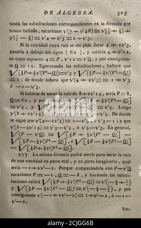 'Elementos de Matematica' (Elemente der Mathematik), von Benito Bails (1730-1797), spanischer Architekt und Mathematiker der Aufklärung. Seite mit algebraischen Berechnungen. Band II, das ist über Elemente der Algebra. Veröffentlicht in Madrid, 1779. Stockfoto