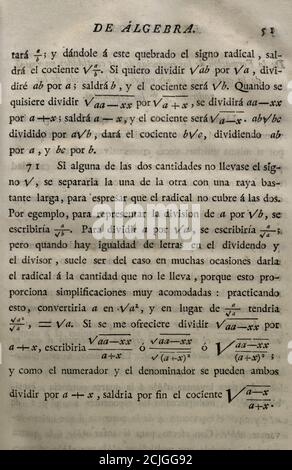 'Elementos de Matematica' (Elemente der Mathematik), von Benito Bails (1730-1797), spanischer Architekt und Mathematiker der Aufklärung. Seite mit algebraischen Berechnungen. Band II, das ist über Elemente der Algebra. Veröffentlicht in Madrid, 1779. Stockfoto