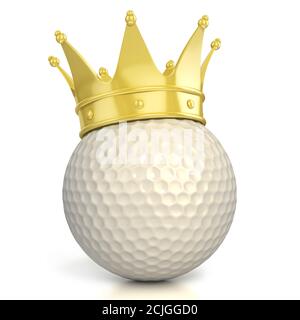 Golfball mit goldener Krone isoliert auf weißem Hintergrund Stockfoto