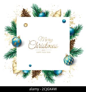 Frohe Weihnachten und frohe Neujahr Weihnachten weiße Bannerillustration. Xmas Design mit realistischen Vektor 3d-Objekte, weihnachtsbaum, goldene Christmass Stock Vektor