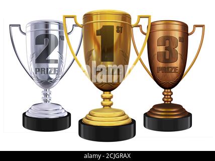 Trophäen auf dem ersten, zweiten und dritten Platz Stockfoto