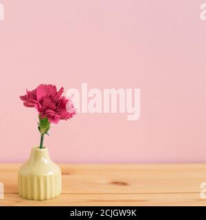 Rosa Spray Nelke Blume in Vase auf Holztisch mit rosa Hintergrund. Blumenarrangement, Kopie Raum Stockfoto