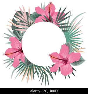 Runder Rahmen mit tropischen Palmenblättern und Hibiskusblüten. Tropischer Sommer Hintergrund. Vektor-Illustration für Karten, Webseiten Hintergründe, Drucke Stock Vektor