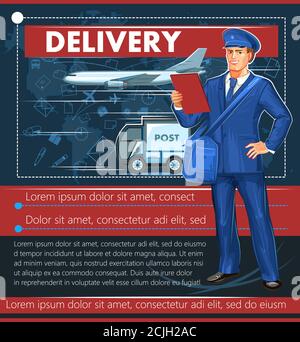 Postzustellung durch verschiedene Transportarten. Vektorgrafik. Ein Postbote in Uniform und eine Mütze mit einer Tasche. Weltkarte. Internationale Sendungen. B Stock Vektor