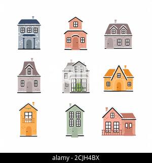 Winterhäuser Kollektion. Cottages-Set. Weihnachtshaus mit Schnee bedeckt. Stock Vektor