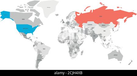 Die Vereinigten Staaten und Russland auf der politischen Karte der Welt hervorgehoben. Vektorgrafik. Stock Vektor