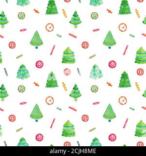 Weihnachtsbaum Donuts Süßigkeiten süß nahtlose Muster auf weißem Hintergrund. Aquarell Illustration Winter Wallpaper digitale Papierpaket Geschenkverpackung Stockfoto