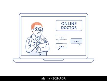 Arzt online Thin-Line-Konzept. Medizinische Unterstützung. Stock Vektor