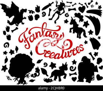 Kollektion von schwarzen Fantasy Silhouetten und schönen Schriftzügen auf Weiß Hintergrund Stock Vektor