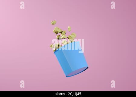 3d-Rendering der blauen Popcorn-Box auf rosa Hintergrund. Levitationsnahrung. Kino-Snack-Konzept Stockfoto