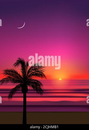 Sommer tropischen Strand Hintergrund mit Palmen, Himmel Sonnenaufgang und Sonnenuntergang. Sommerparty Plakat Poster Flyer Einladungskarte. Sommerzeit. Stock Vektor