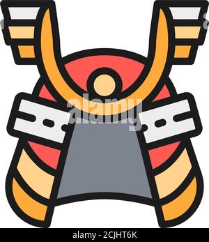 Samurai Helm, japanische Krieger Maske flache Farbe Linie Symbol. Stock Vektor