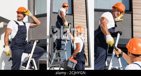 Collage von Bauherren in Uniform und Harthüte halten Hammer während Arbeiten auf der Leiter neben der Fassade des Hauses Stockfoto