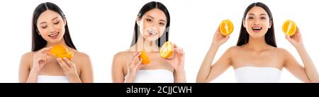 Collage von fröhlich asiatische Frau hält geschnitten Orange isoliert auf Weiß Stockfoto