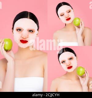 Collage aus asiatischem Modell mit Gesichtsmaske und roten Lippen Halten grünen Apfel isoliert auf rosa