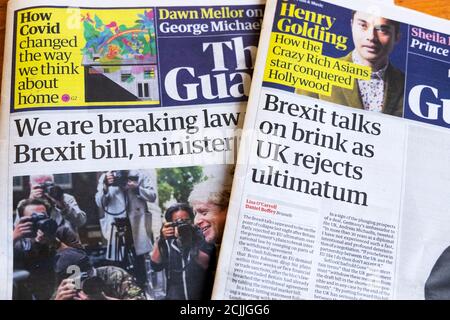 "Der Brexit steht kurz bevor, da Großbritannien das Ultimatum ablehnt" Guardian Schlagzeilen London England UK 11 September 2020 Stockfoto