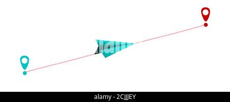 Blaues Flugzeug ändert die Position in Richtung neues Ziel und Erfahrung: Selbstbewusstes Papierflugzeug in Streifenrichtung, das auf weißem Hintergrund fliegt Stockfoto