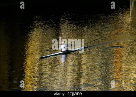 Mann rudert auf dem Fluss Arno in Florenz Stockfoto